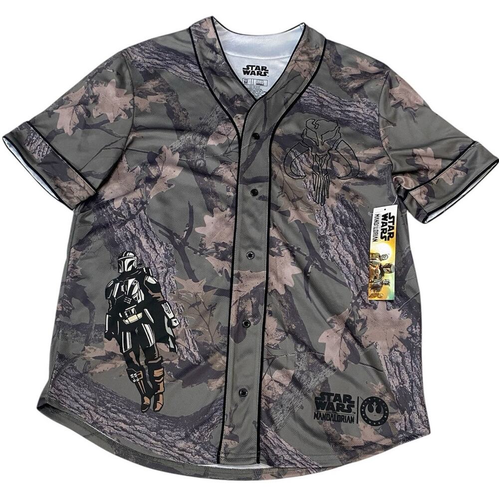 Star Wars The Mandalorian Camo Baseball Jersey Men's Size M NWT Mando Skull